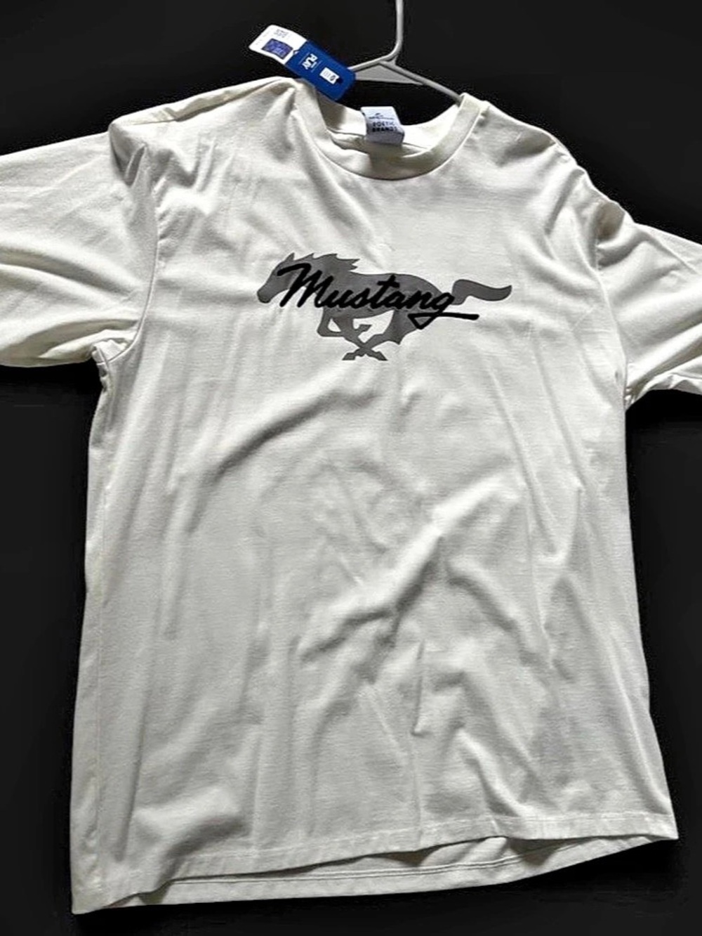 White & black Ford Mustang II graphic tee with vintage black graphic car